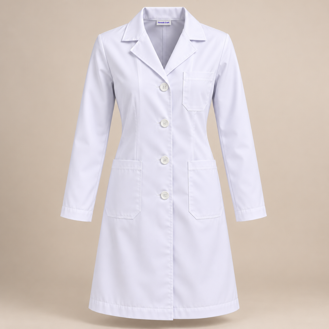 Professional white lab coat for doctors in Pakistan by Threadz Craft