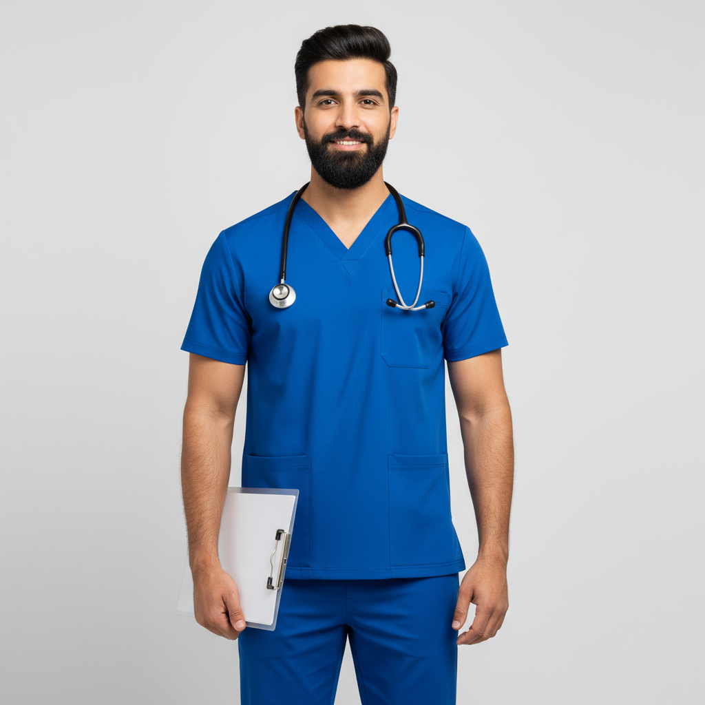 Man in blue medical scrubs with a stethoscope around his neck on a light gray background