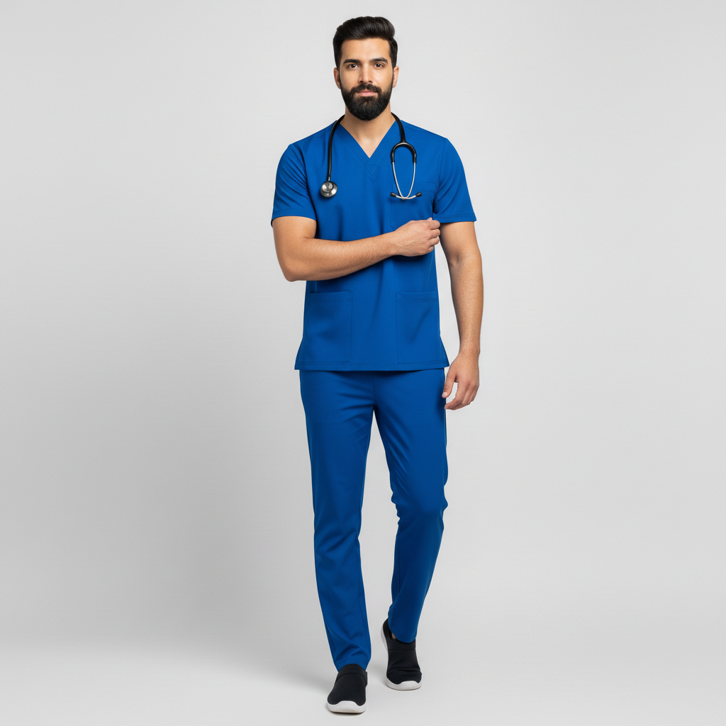 Person wearing a blue medical scrub set with a stethoscope on a light gray background